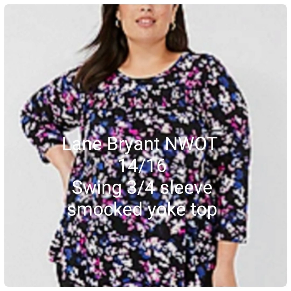 Lane Bryant NWOT Swing 3/4 sleeve smocked yoke top, size 14/16